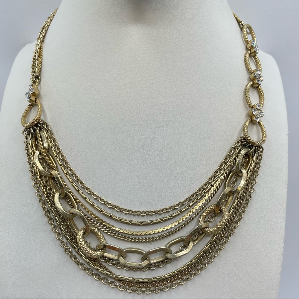 Gold Tone Multi Chain Statement Necklace Rhinestone Links Layered Chain Bib